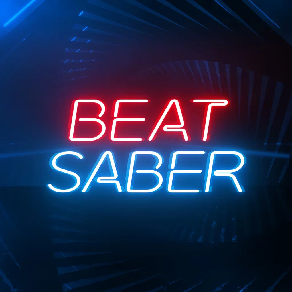 Beat Saber – неоновый логотип, популярная VR игра, световые мечи Логотип игры Beat Saber, неоновый свет, красные и синие буквы