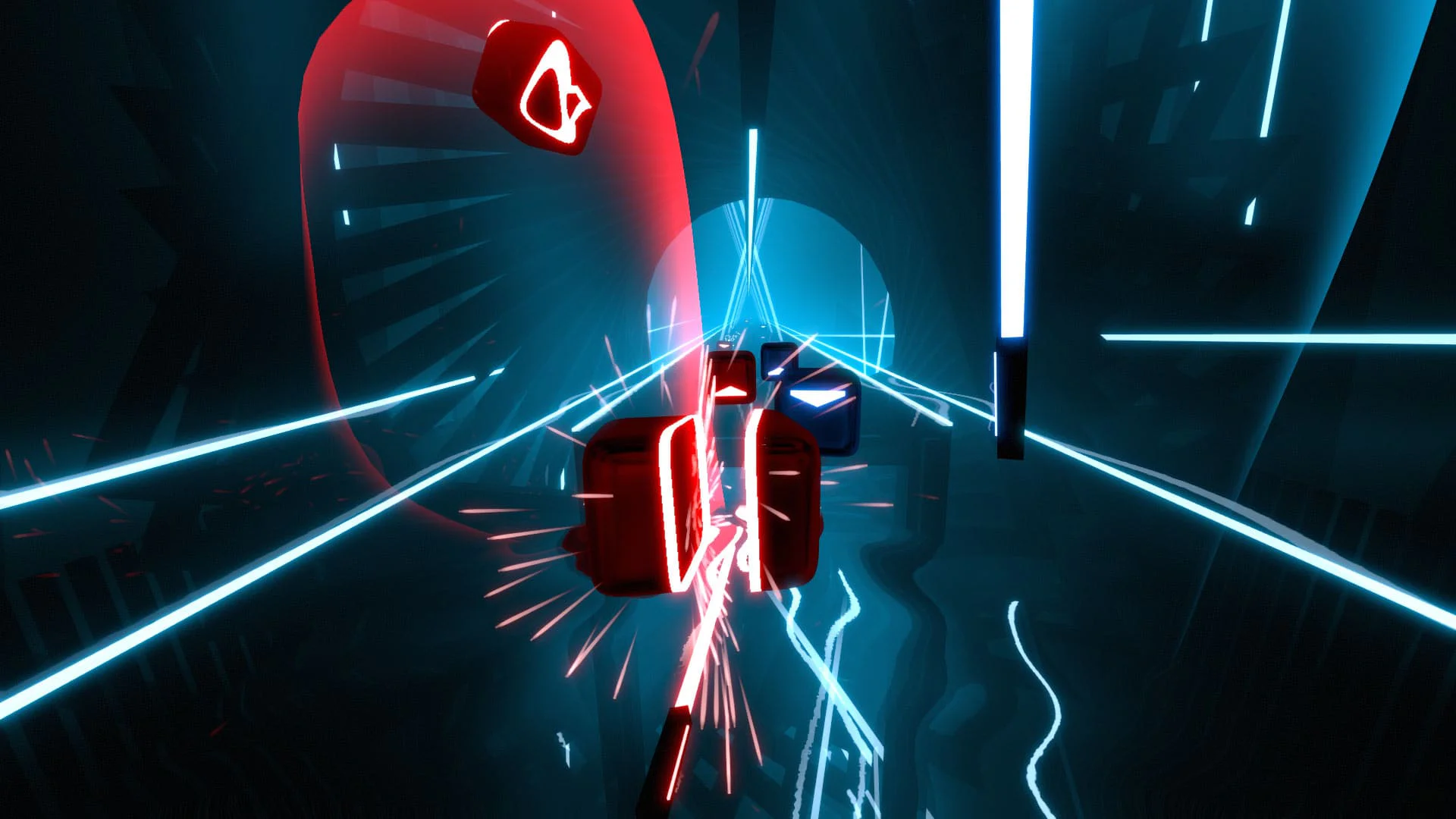 Скриншот из игры Beat Saber с мечами и блоками.