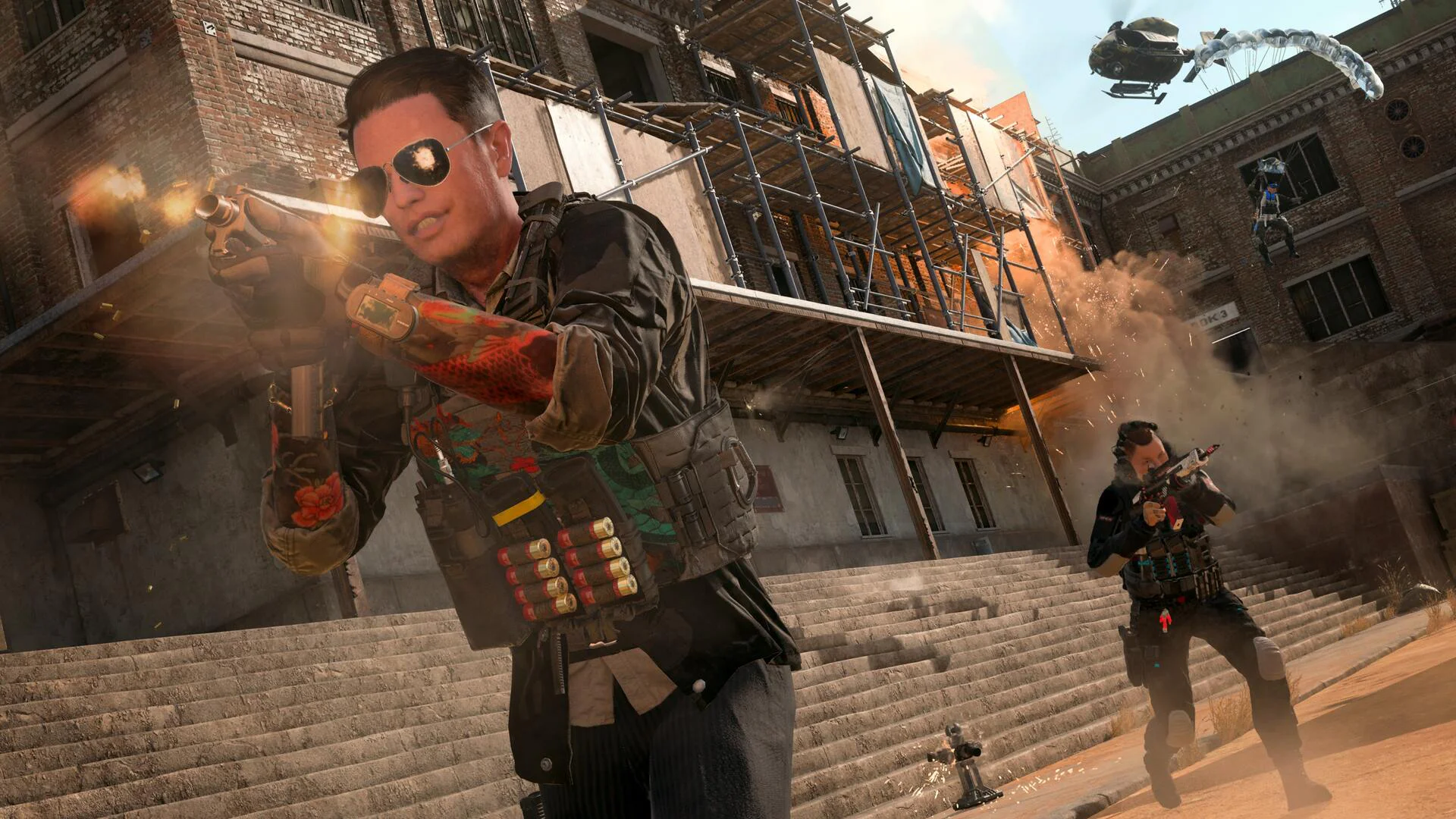 Солдаты ведут огонь в городской среде в игре Call of Duty Modern Warfare 3.