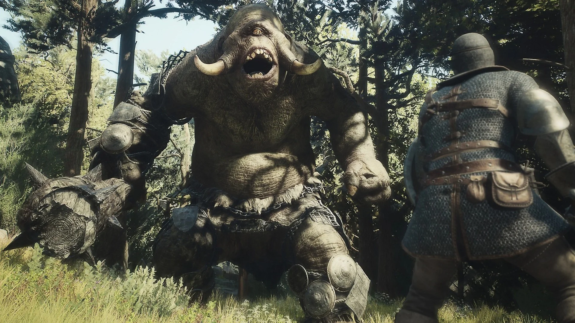 Воин сражается с гигантским троллем в лесу в игре Dragon's Dogma 2.