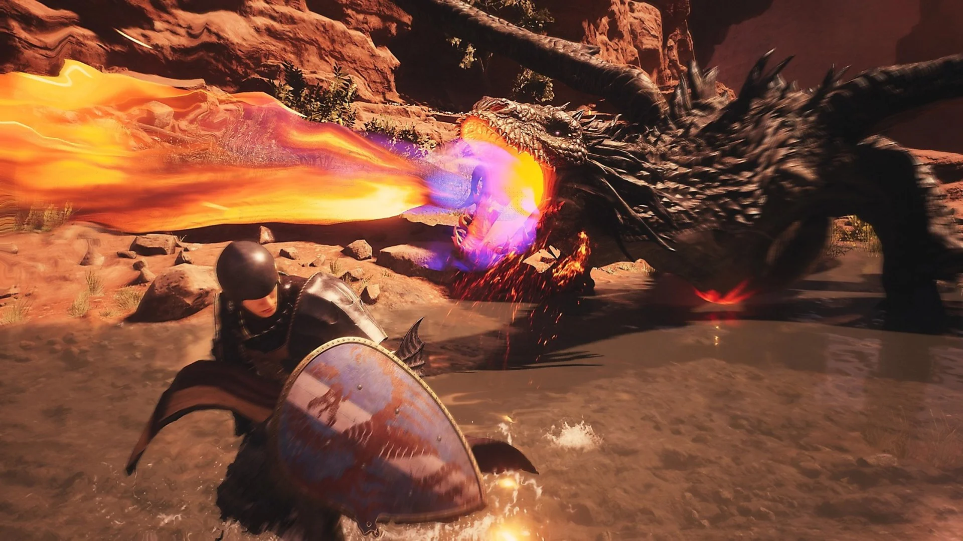 Воин защищается щитом от огненного дыхания дракона в игре Dragon's Dogma 2.