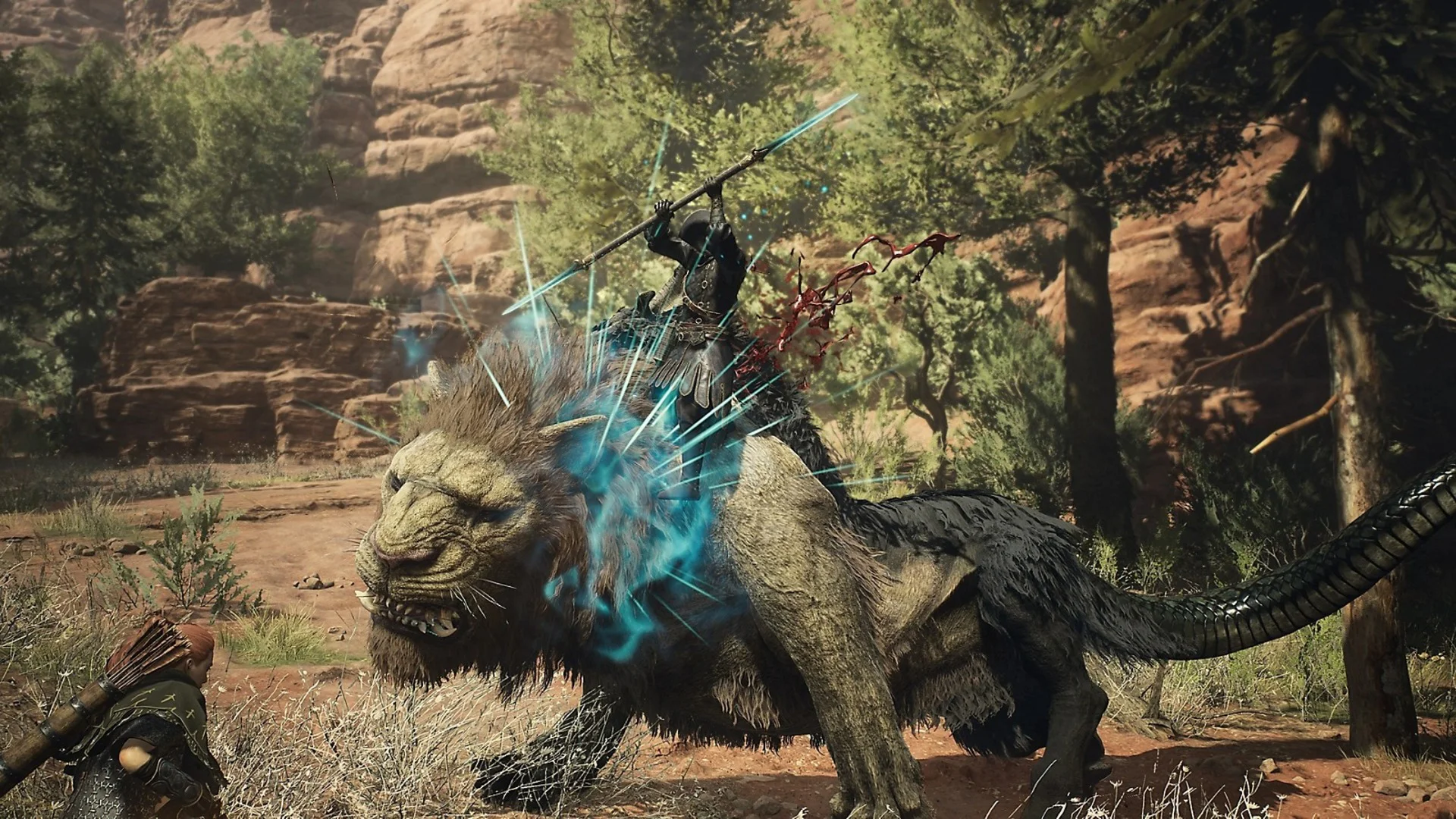 Воин сражается с гигантским мифическим существом в игре Dragon's Dogma 2.
