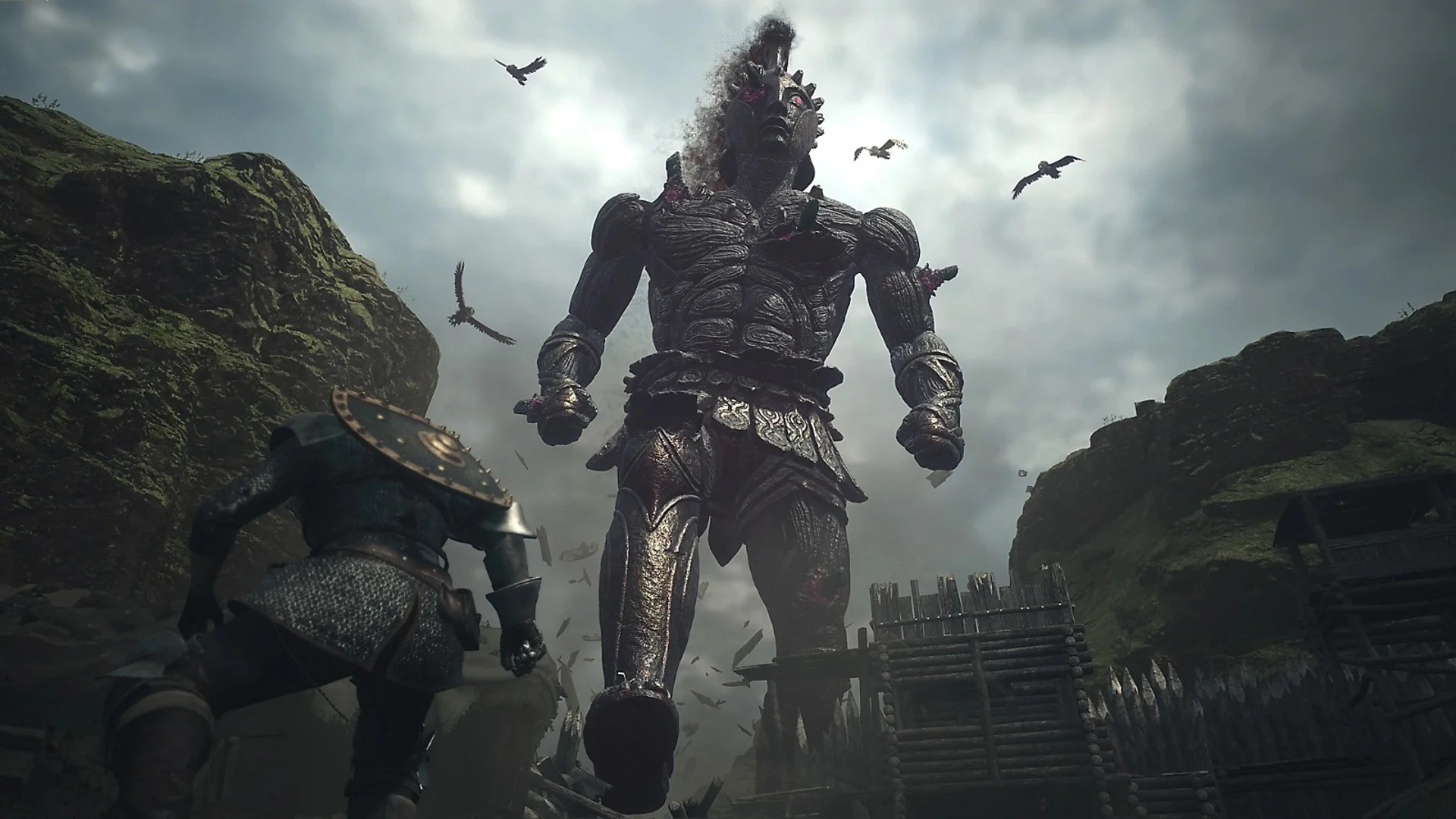 Воин сталкивается с гигантским големом в мрачной долине в игре Dragon's Dogma 2.