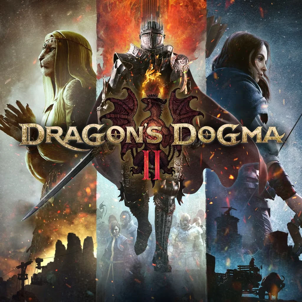 Обложка игры Dragon's Dogma 2 с изображением персонажей на фоне эпического сражения.