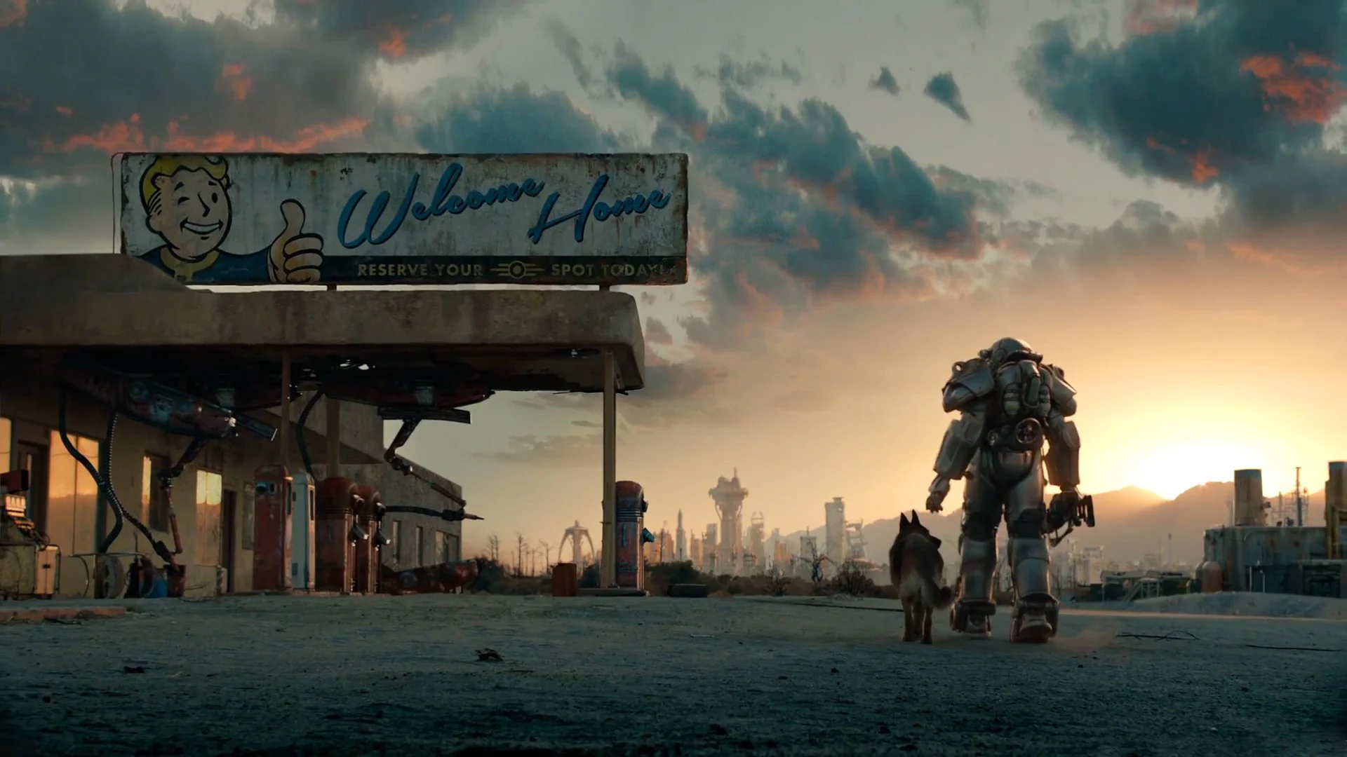 Персонаж в силовой броне и собака идут по пустоши на закате в игре Fallout 4.