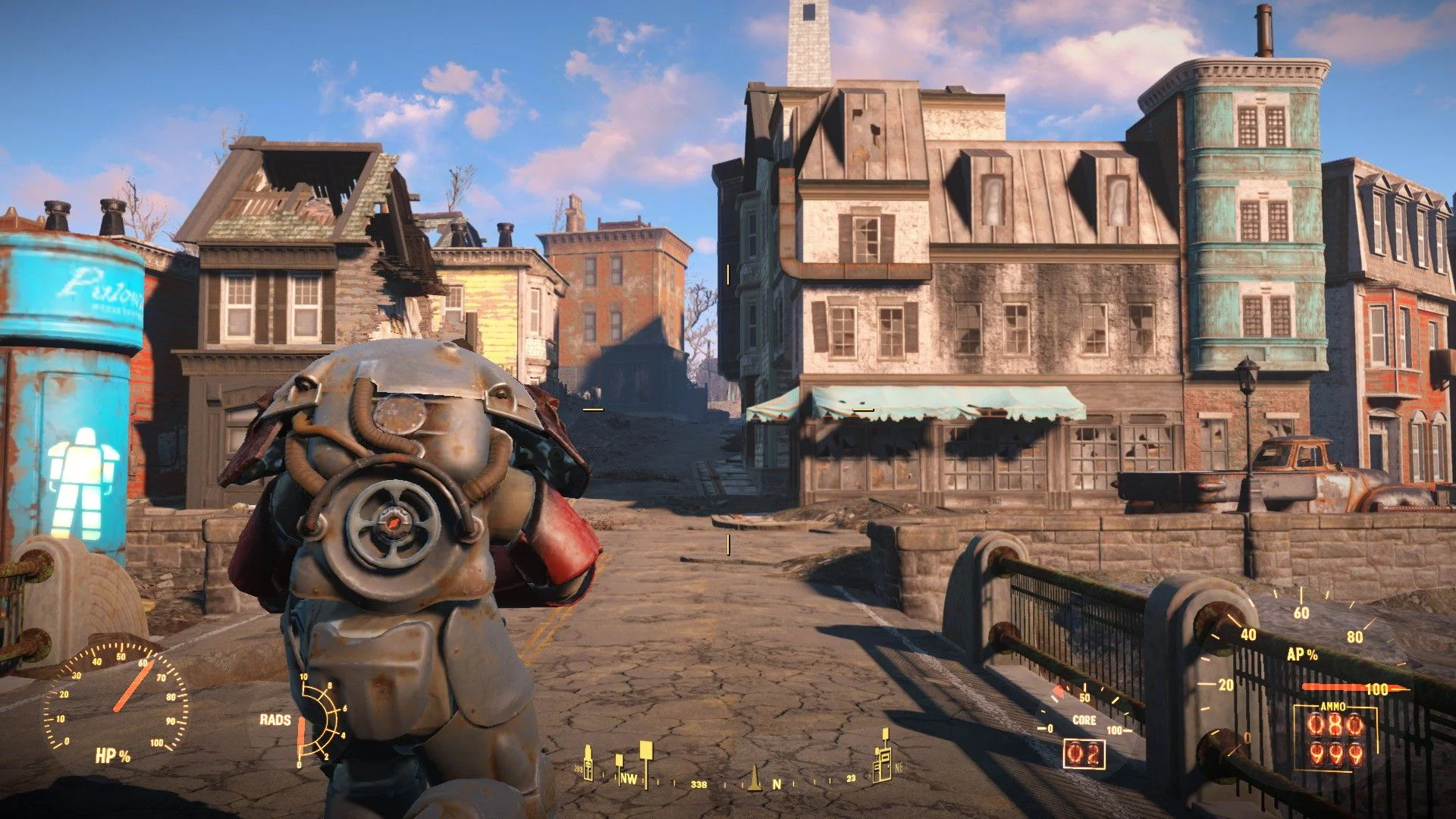 Персонаж в силовой броне исследует заброшенный город в игре Fallout 4.