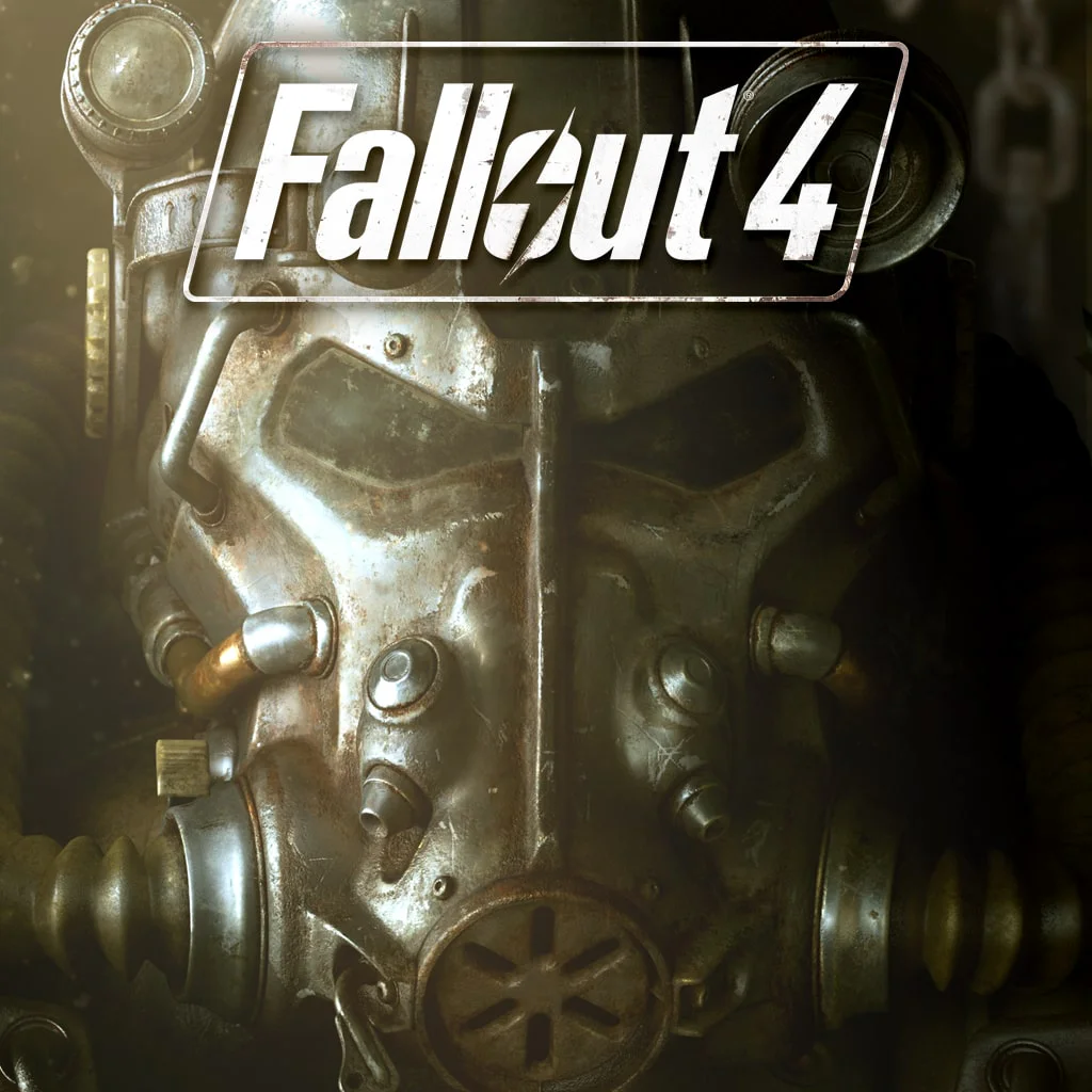 Fallout 4 – аренда и продажа игр для PS4 и PS5 Логотип Fallout 4 на фоне шлема силовой брони.