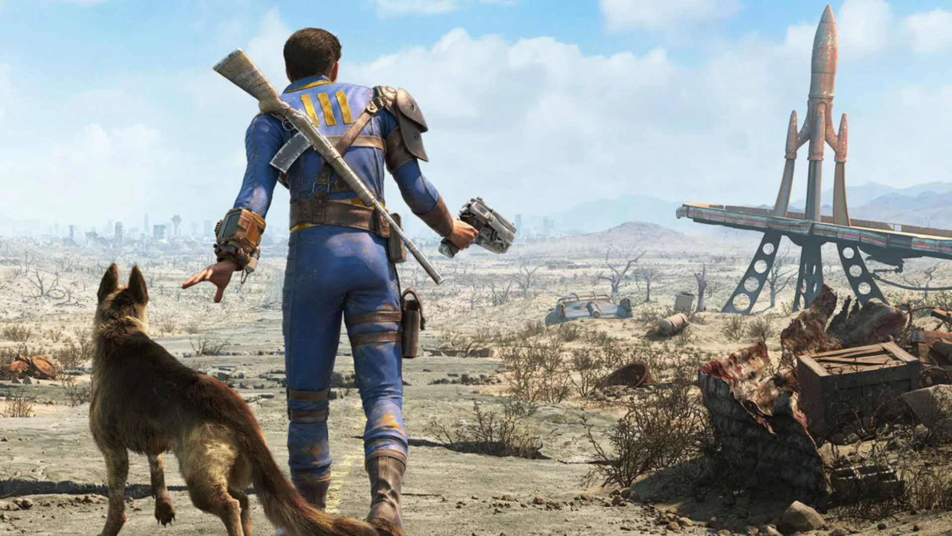 Персонаж в синем костюме и собака смотрят на пустошь в игре Fallout 4.