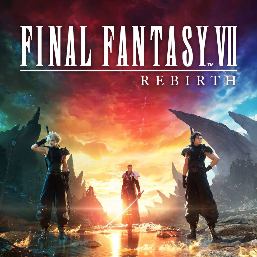 Final Fantasy VII Rebirth – Новая глава легендарного приключения на PS5 Клауд Страйф, Сефирот и Зак Фэйр стоят на фоне эпического заката в игре Final Fantasy VII Rebirth.