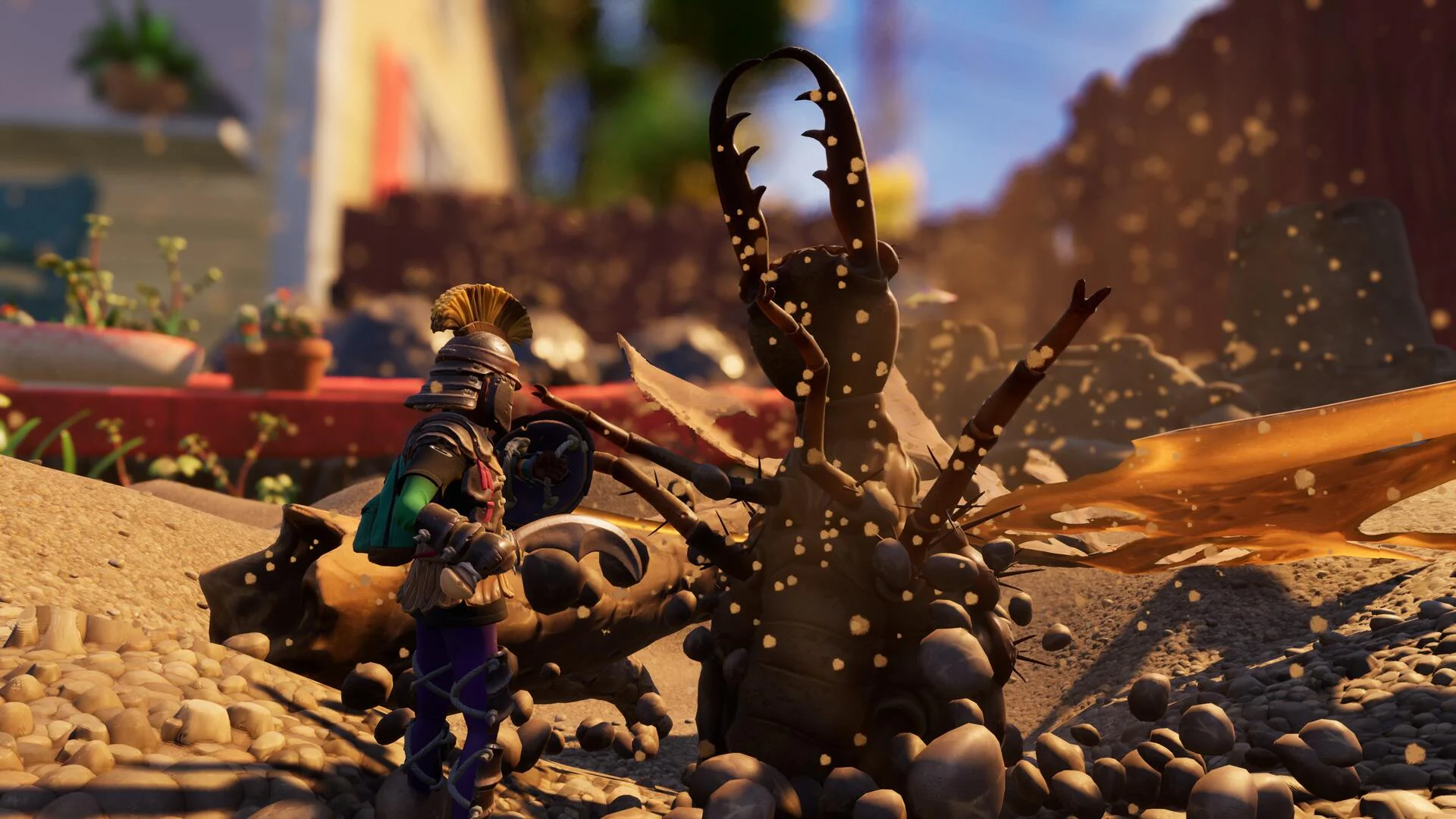 Персонаж в доспехах сражается с гигантским жуком в игре Grounded, задний двор.