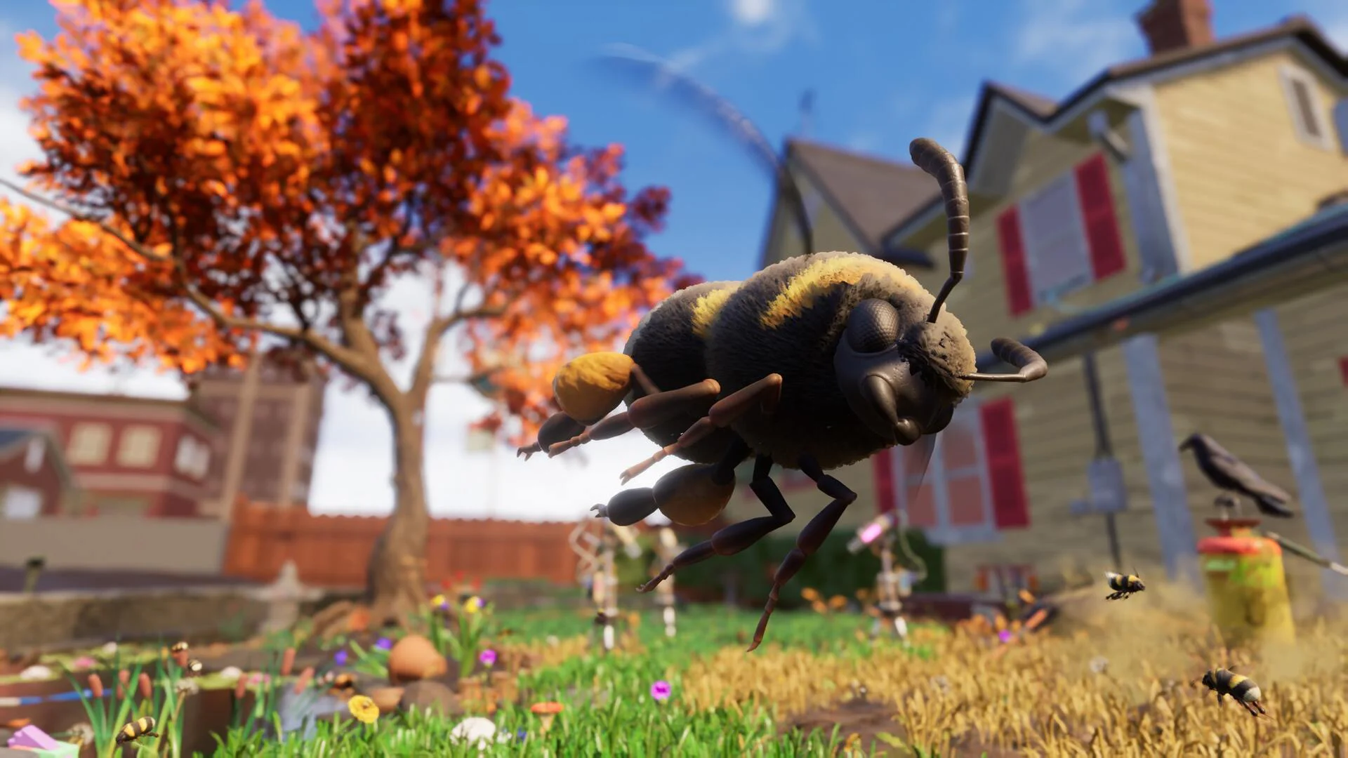Изображение крупного шмеля в игре Grounded, на фоне осеннего сада с домами.