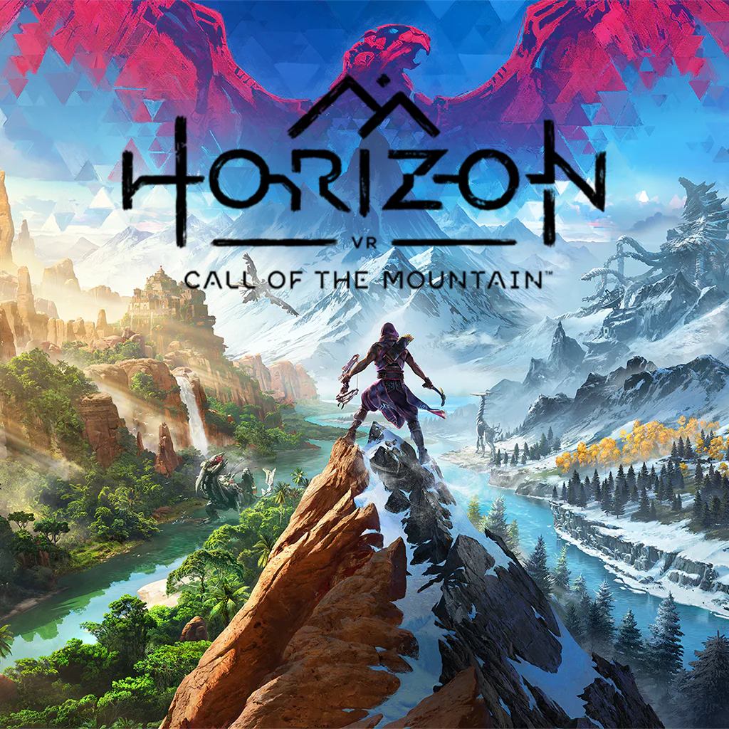 Пейзаж с главным героем на вершине горы из игры Horizon Call of the Mountain