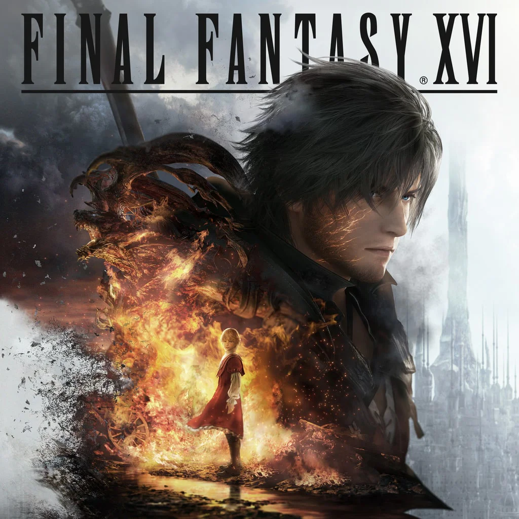FINAL FANTASY XVI RPG Action Game Обложка игры FINAL FANTASY XVI с изображением главного героя на фоне огня и младшего брата.