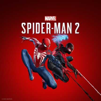 Человек-паук и Майлз Моралес в костюмах позируют на красном фоне, игра Marvel’s Spider-Man 2.