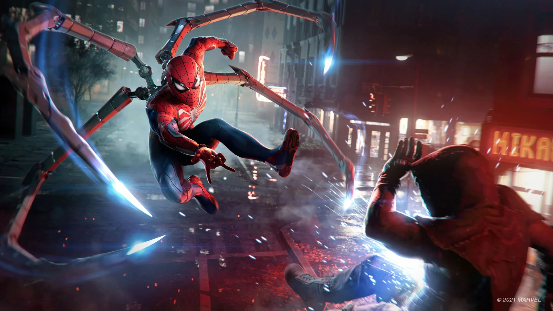 Человек-паук сражается с врагом ночью на улице в игре Marvel's Spider-Man 2.