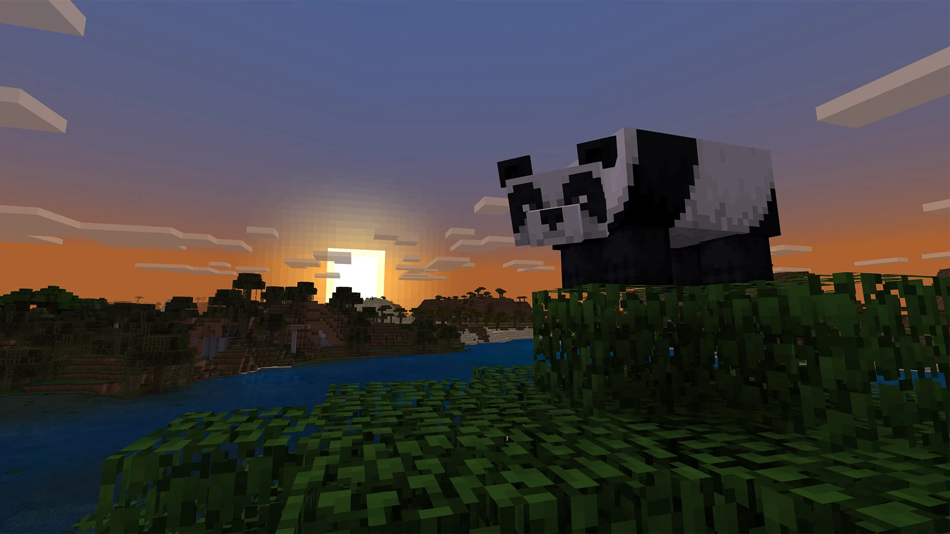 Панда в Minecraft на фоне заката.