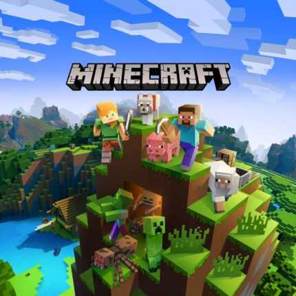 Игроки и животные на холме в мире Minecraft, окруженные различными существами.