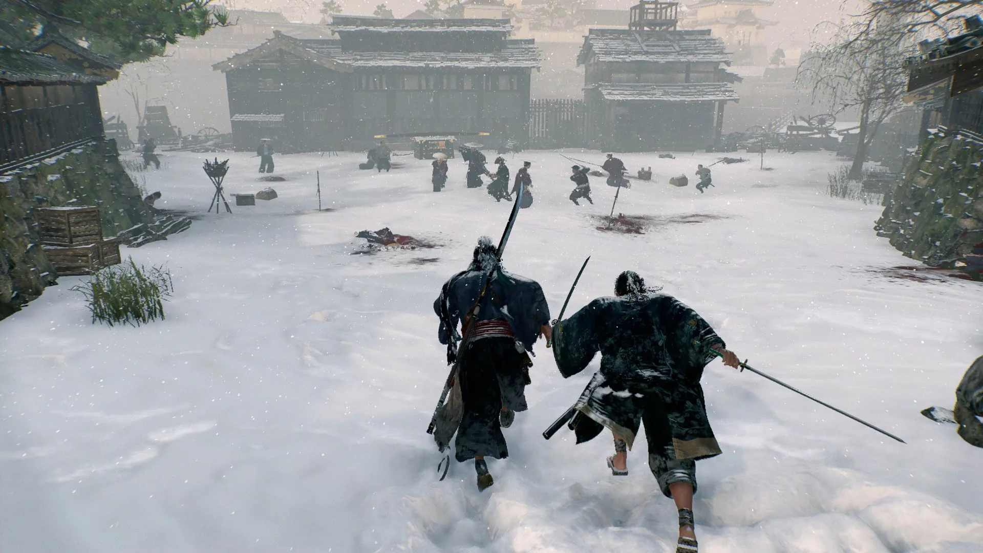 Самураи бегут через заснеженное поле боя в игре Rise of the Ronin.