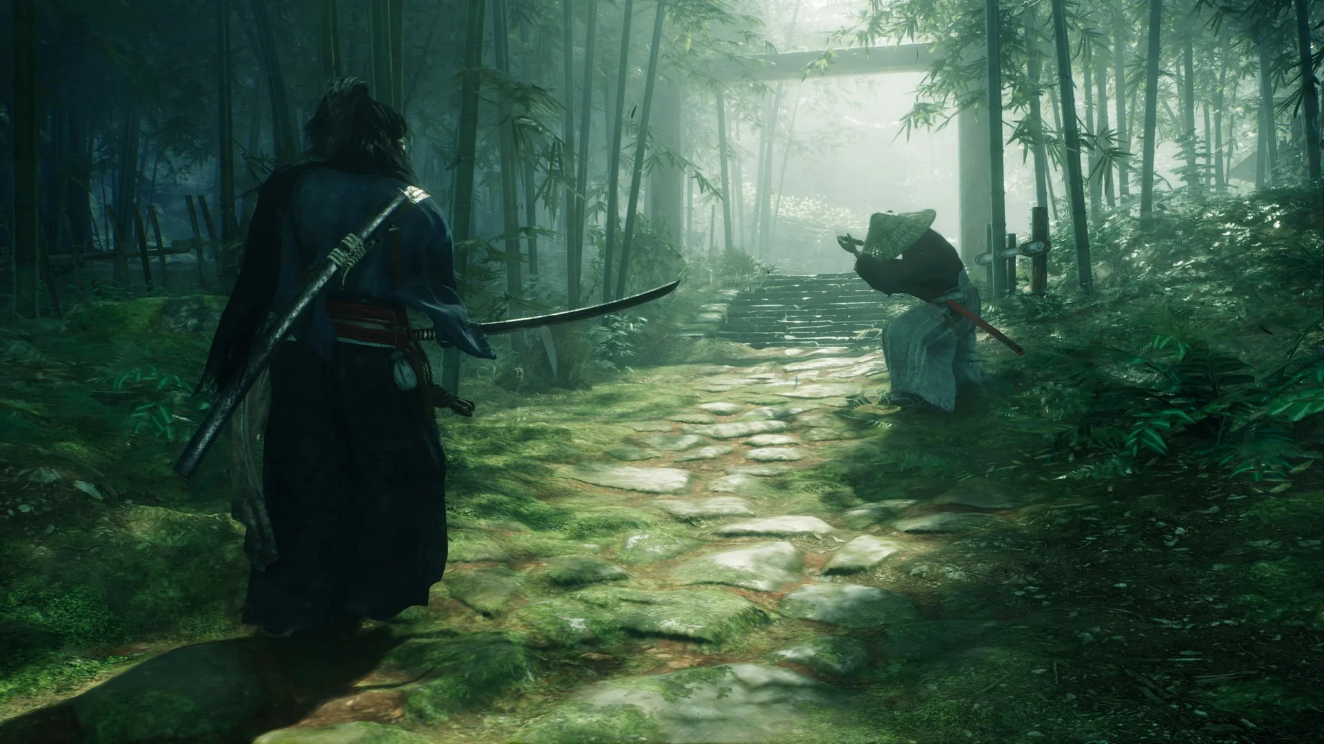 Два самурая в бамбуковом лесу готовятся к дуэли в игре Rise of the Ronin.