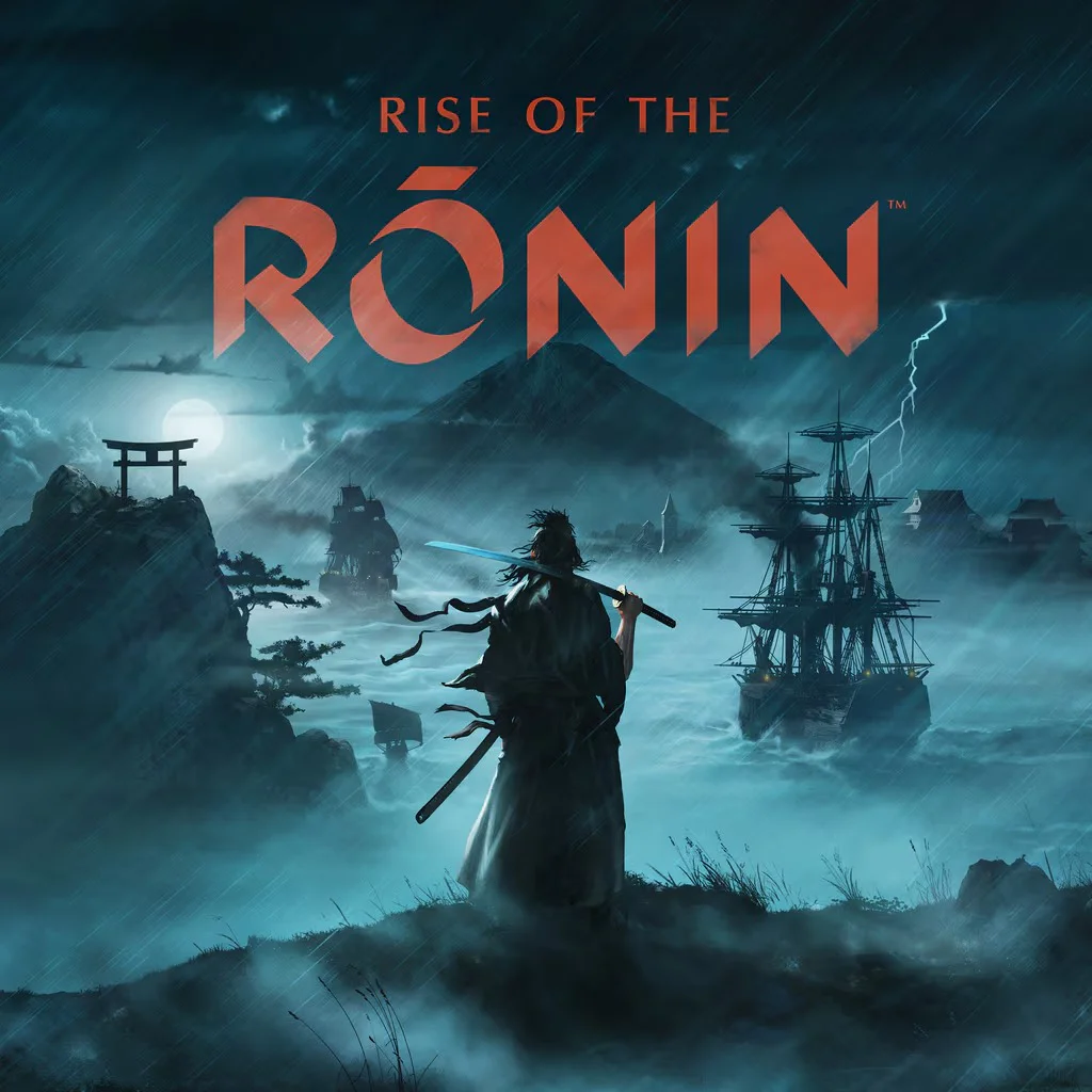Rise of the Ronin – аренда и продажа игр PS4 и PS5 Самурай стоит на склоне и смотрит на бурное море и корабли на фоне логотипа Rise of the Ronin.