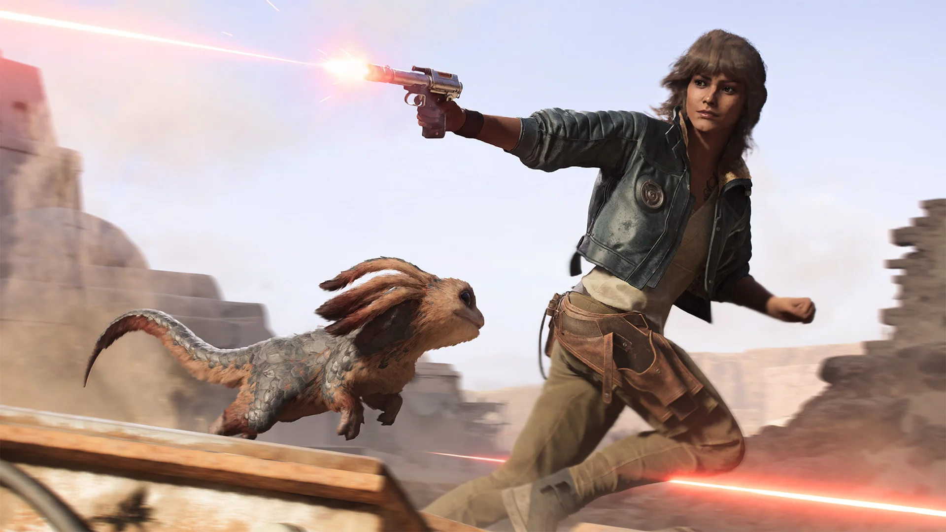 Главный персонаж игры "Star Wars Outlaws" стреляет из бластера, убегая с инопланетным питомцем.