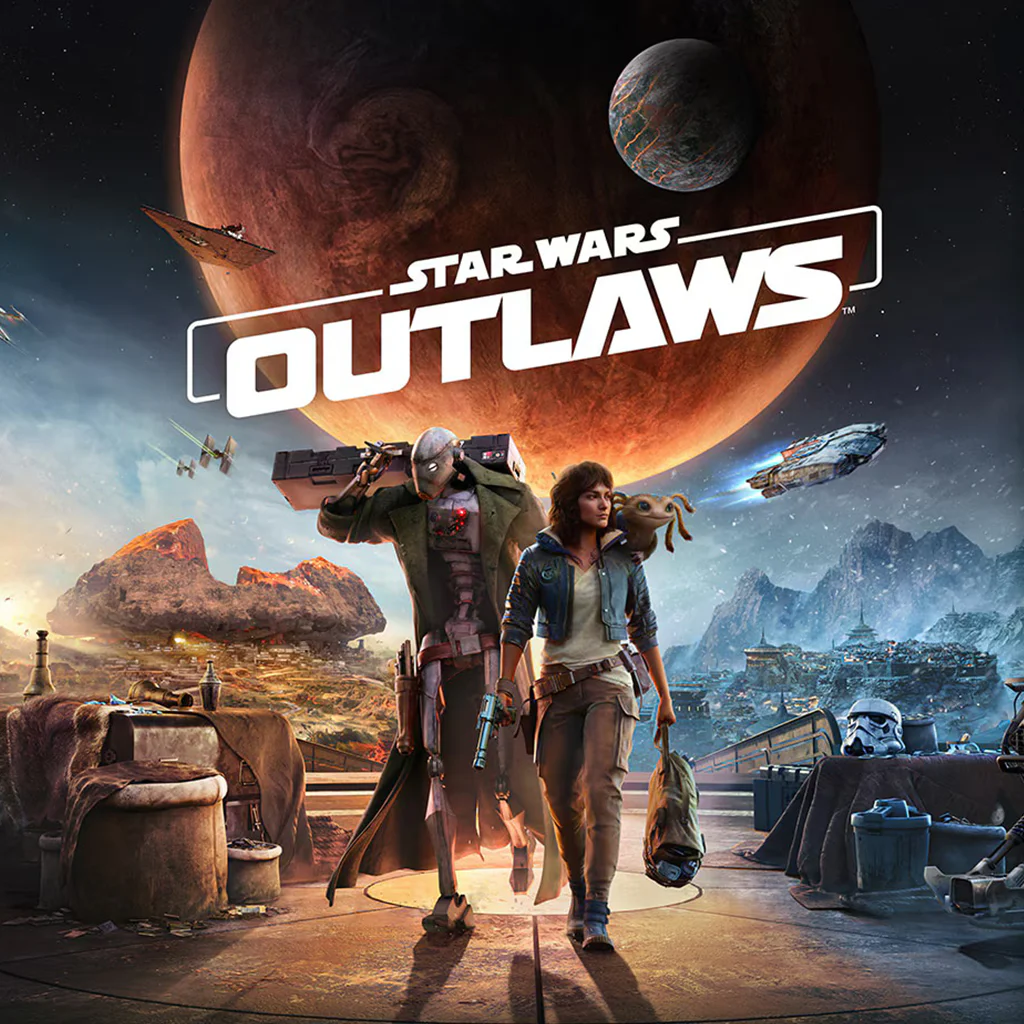 Обложка игры "Star Wars Outlaws" с изображением главных персонажей на фоне космического пейзажа.