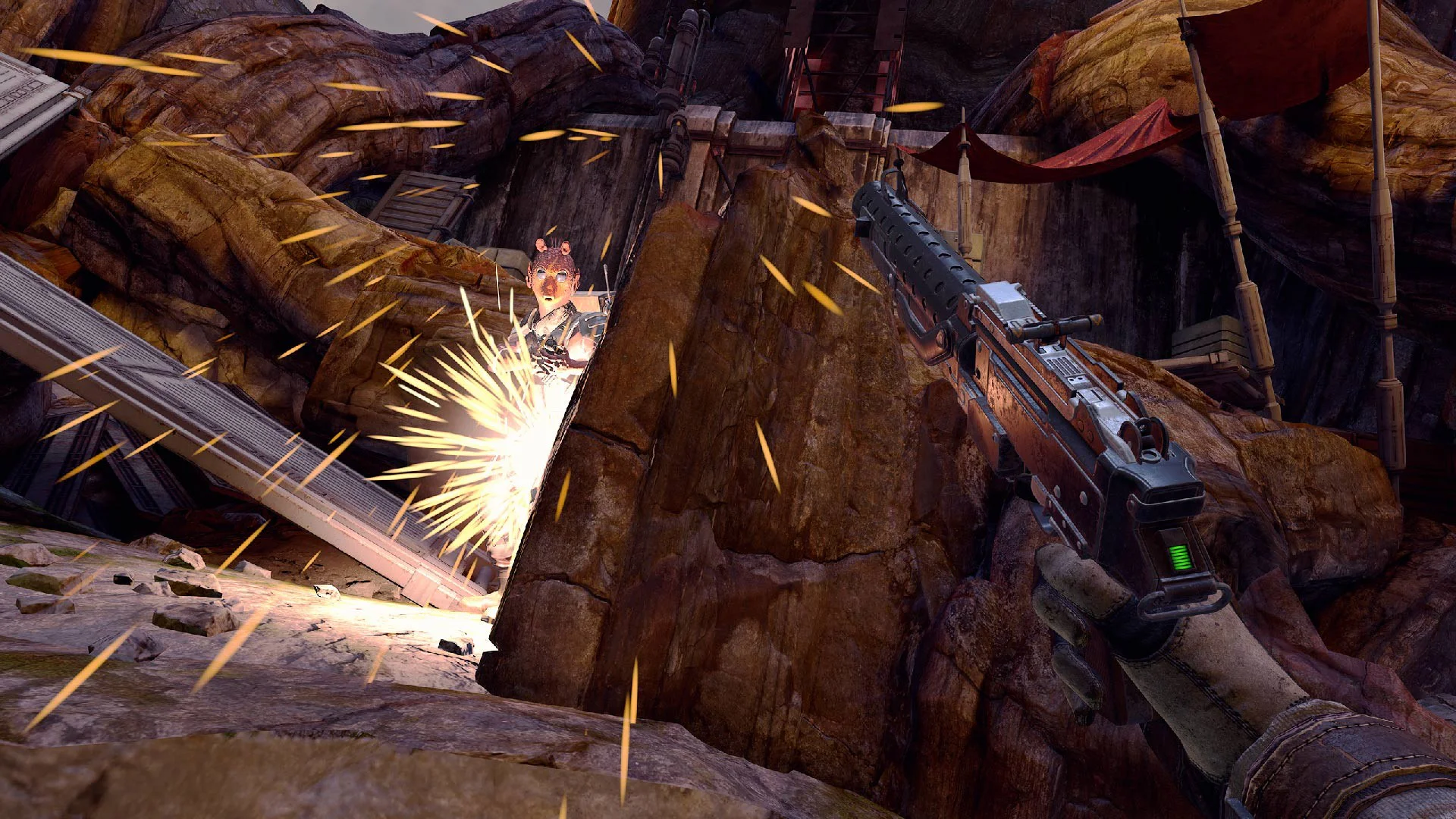 Интенсивная перестрелка в игре "Star Wars: Tales from the Galaxy's Edge" на PS VR, игрок целится из бластера