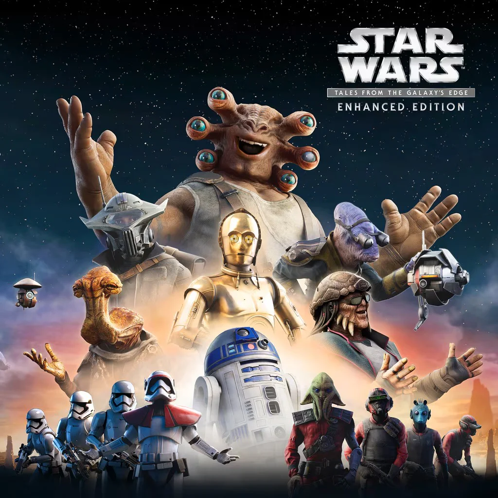 Коллаж персонажей из игры Star Wars: Tales from the Galaxy's Edge - Enhanced Edition на фоне звёздного неба