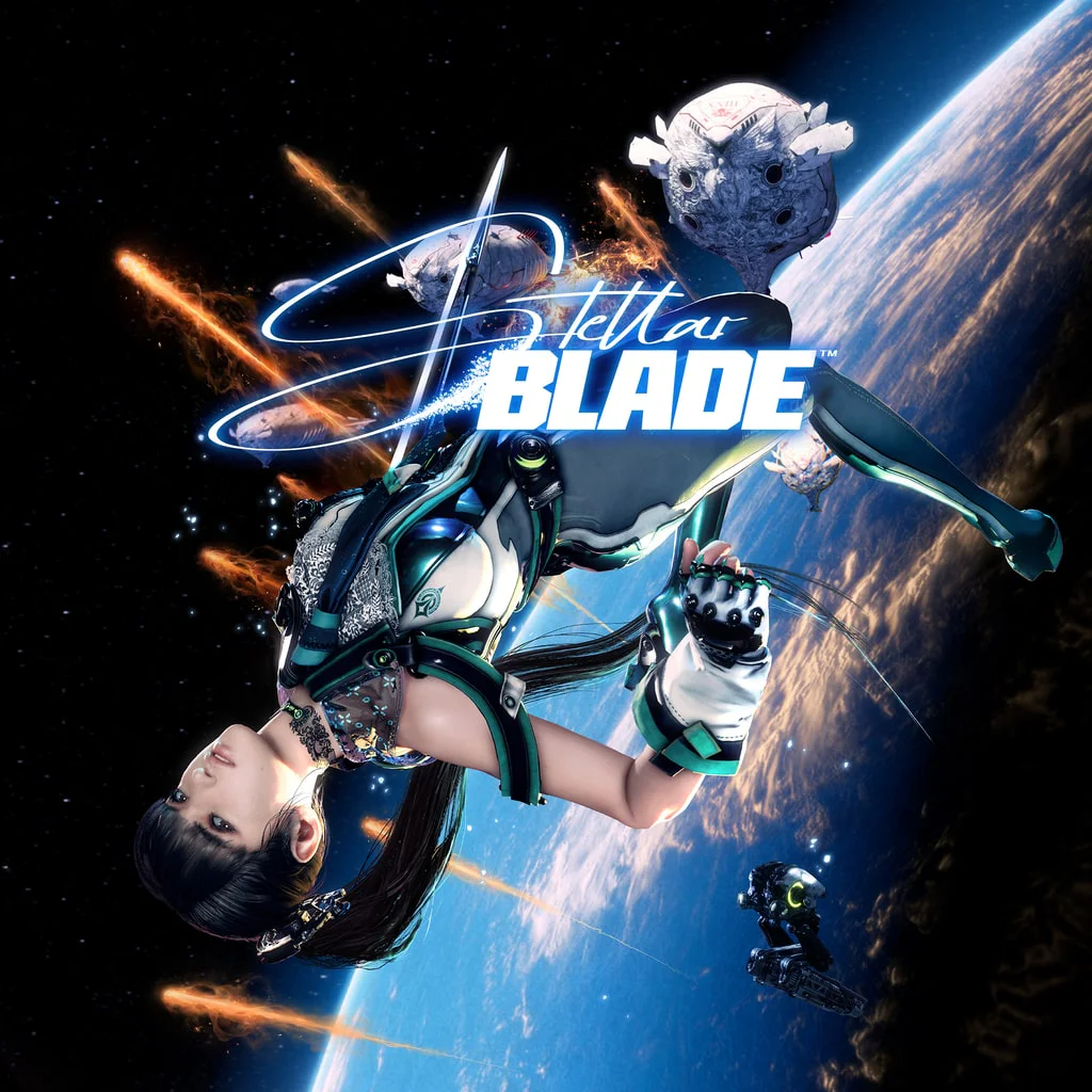 Stellar Blade – Футуристическое приключение на PS5 Главная героиня Stellar Blade в футуристическом костюме парит в космосе на фоне Земли.