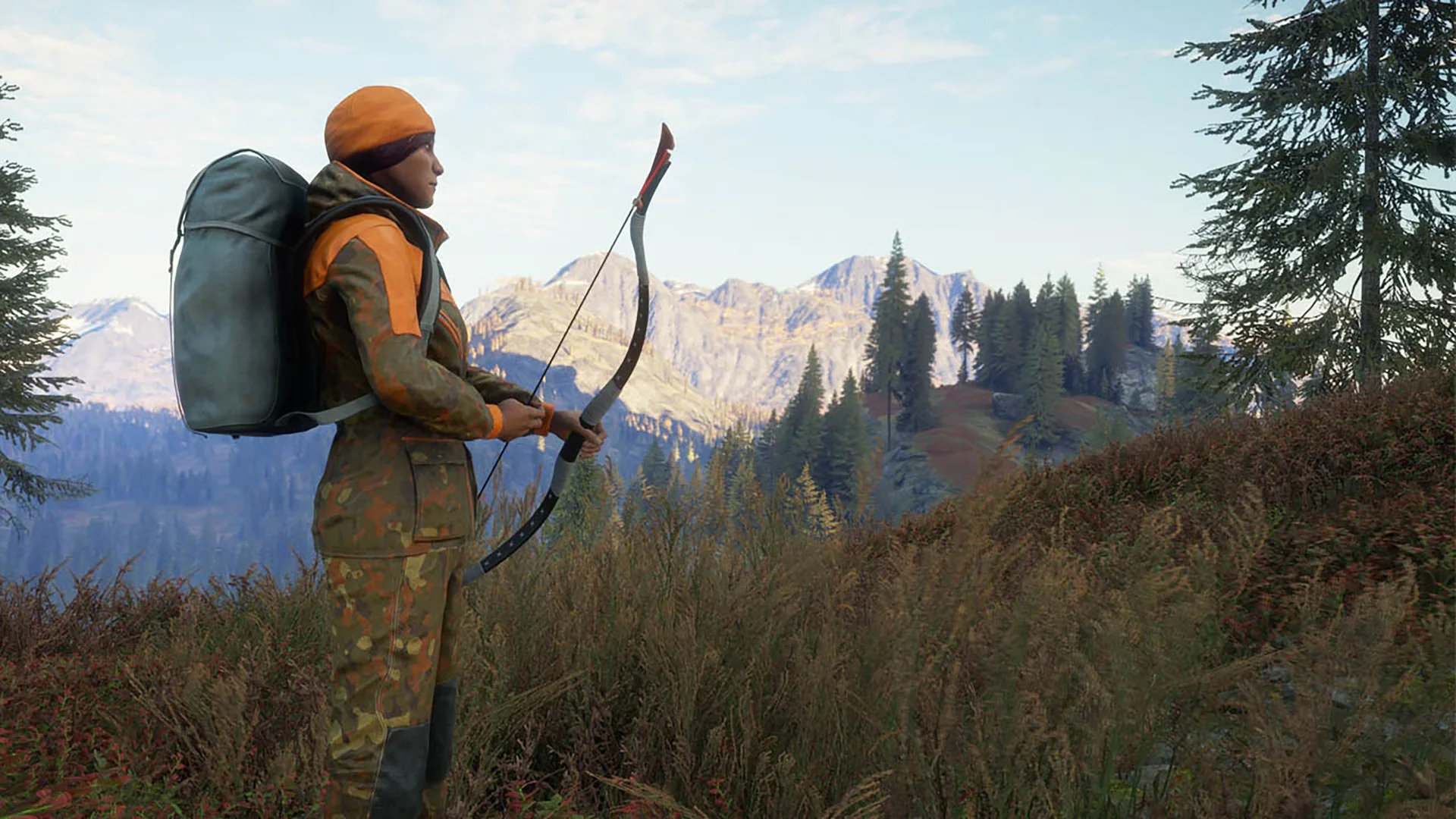 Охотник с луком на фоне горного пейзажа в игре "The Hunter: Call of the Wild".