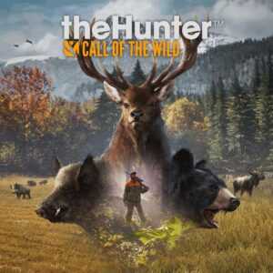 Обложка игры "The Hunter: Call of the Wild" с изображением оленя, кабана, медведя и охотника на фоне лесного пейзажа.