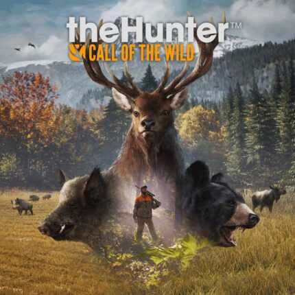 Обложка игры "The Hunter: Call of the Wild" с изображением оленя, кабана, медведя и охотника на фоне лесного пейзажа.