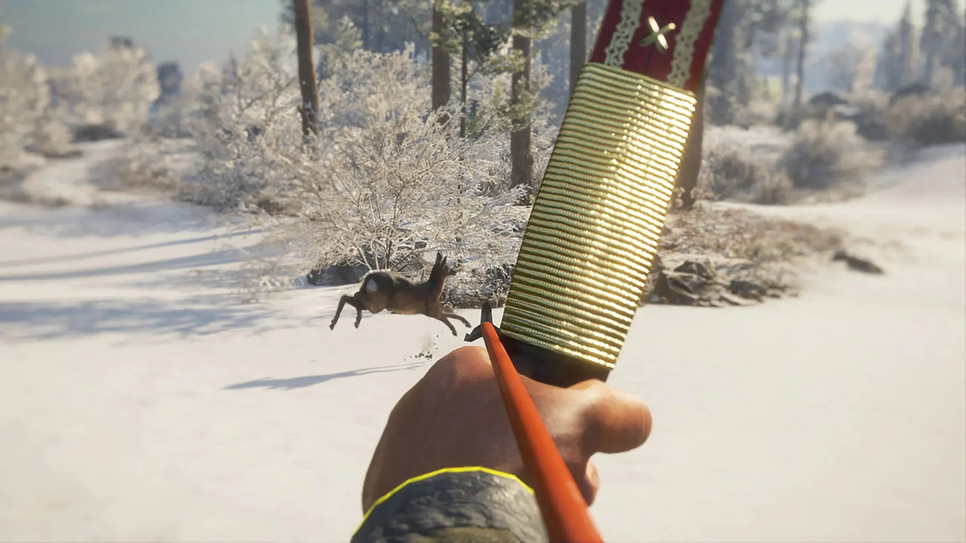 Охотник целится из лука в оленя на заснеженной местности в игре "The Hunter: Call of the Wild".
