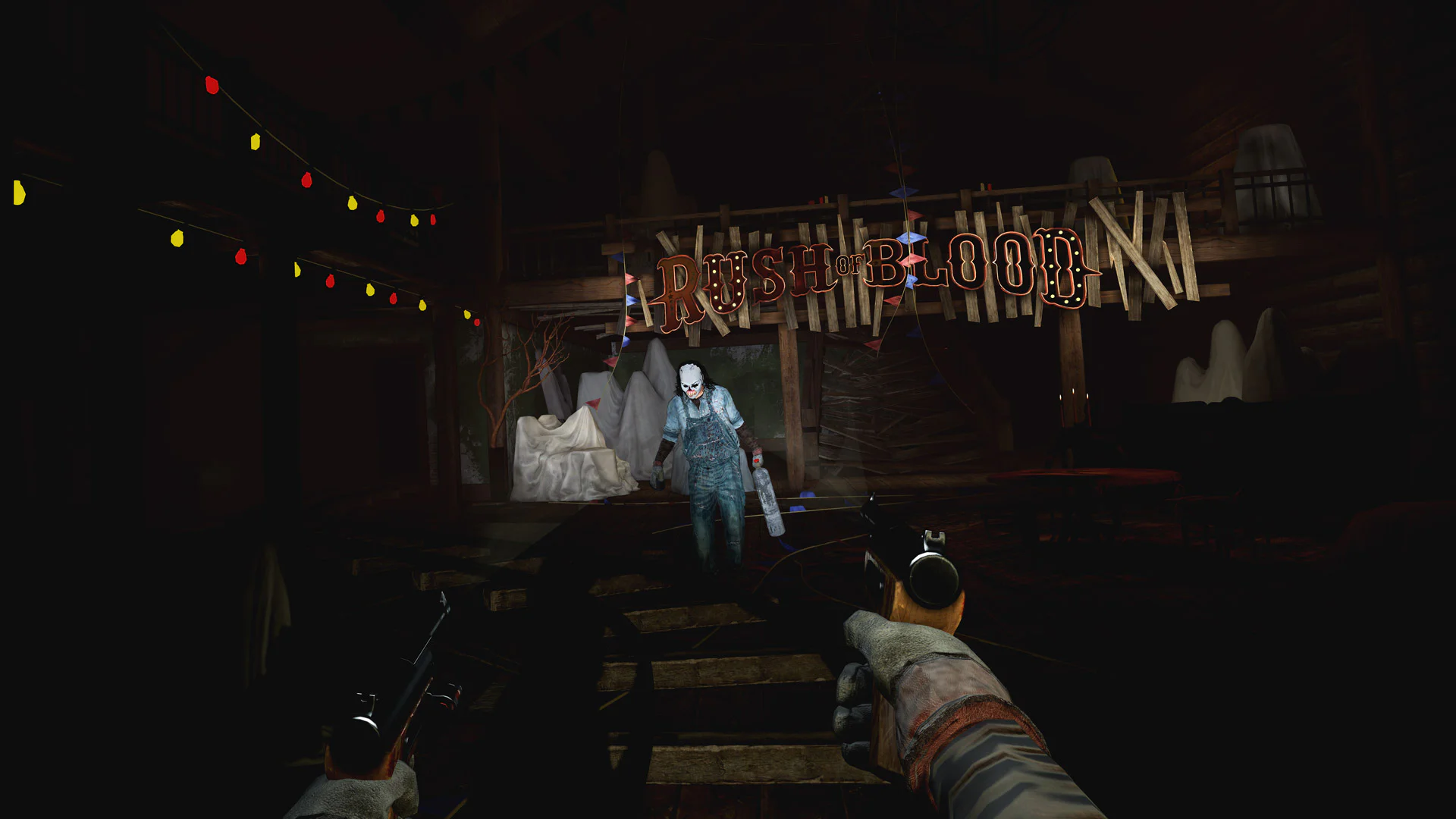 Изображение игрового процесса "Until Dawn: Rush of Blood" с вооружённым персонажем в центре, направляющимся к игроку в окружении хоррор-атмосферы.