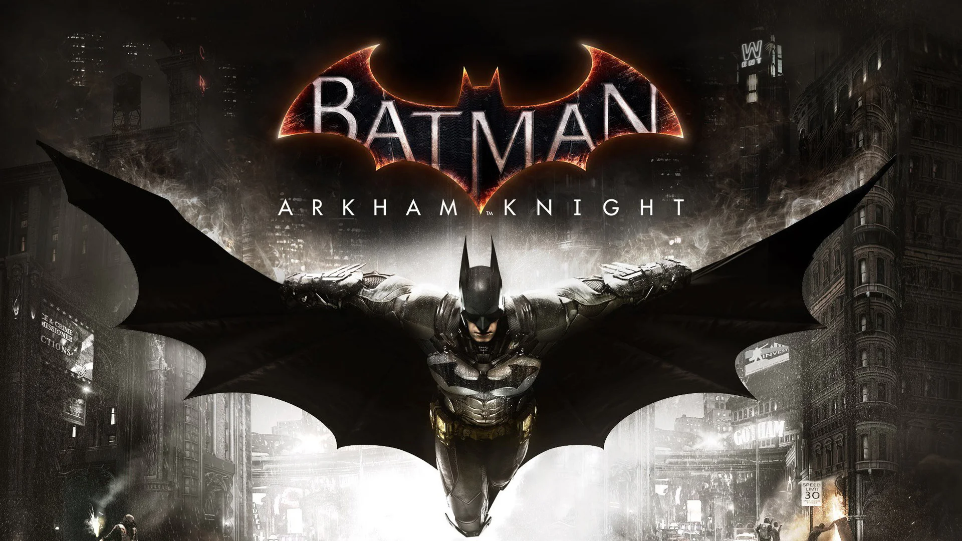 Бэтмен парит над Готэм-сити в игре Batman: Arkham Knight
