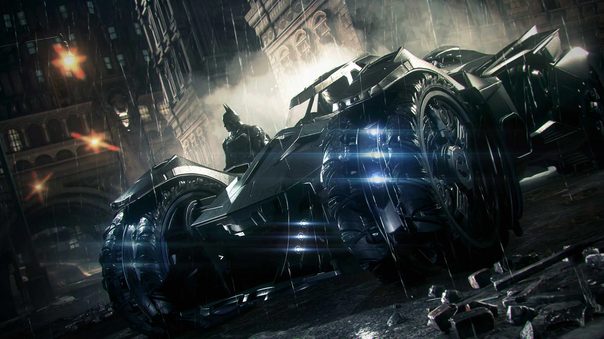 Бэтмен рядом с Бэтмобилем в игре Batman: Arkham Knight