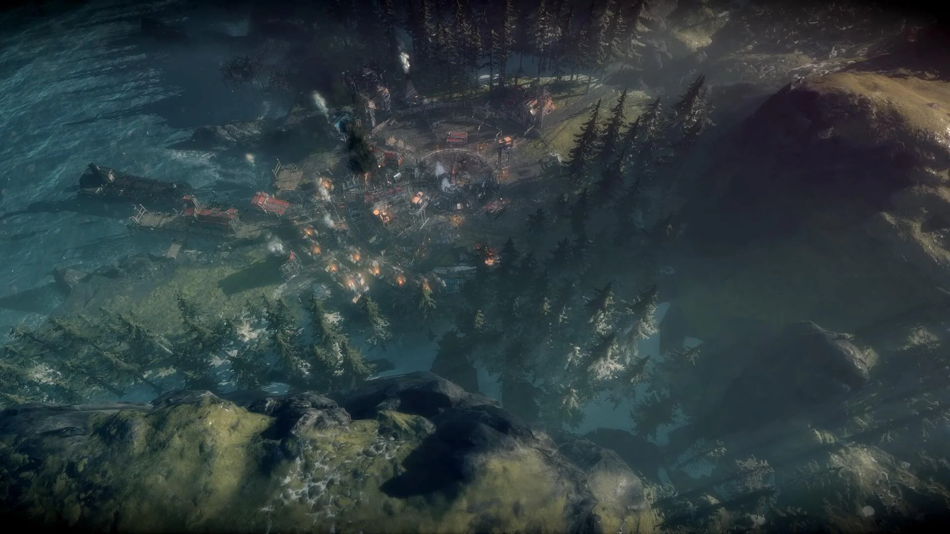 Вид с высоты на лес и поселение в игре Frostpunk