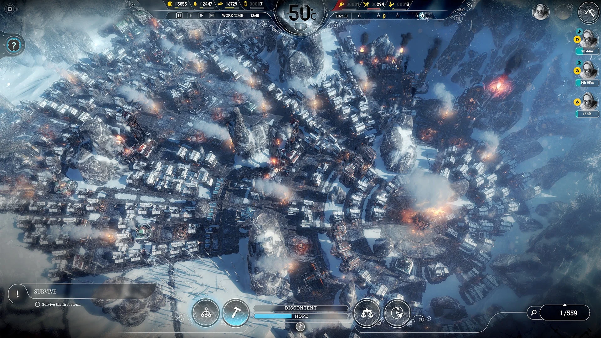 Вид с высоты на город в игре Frostpunk