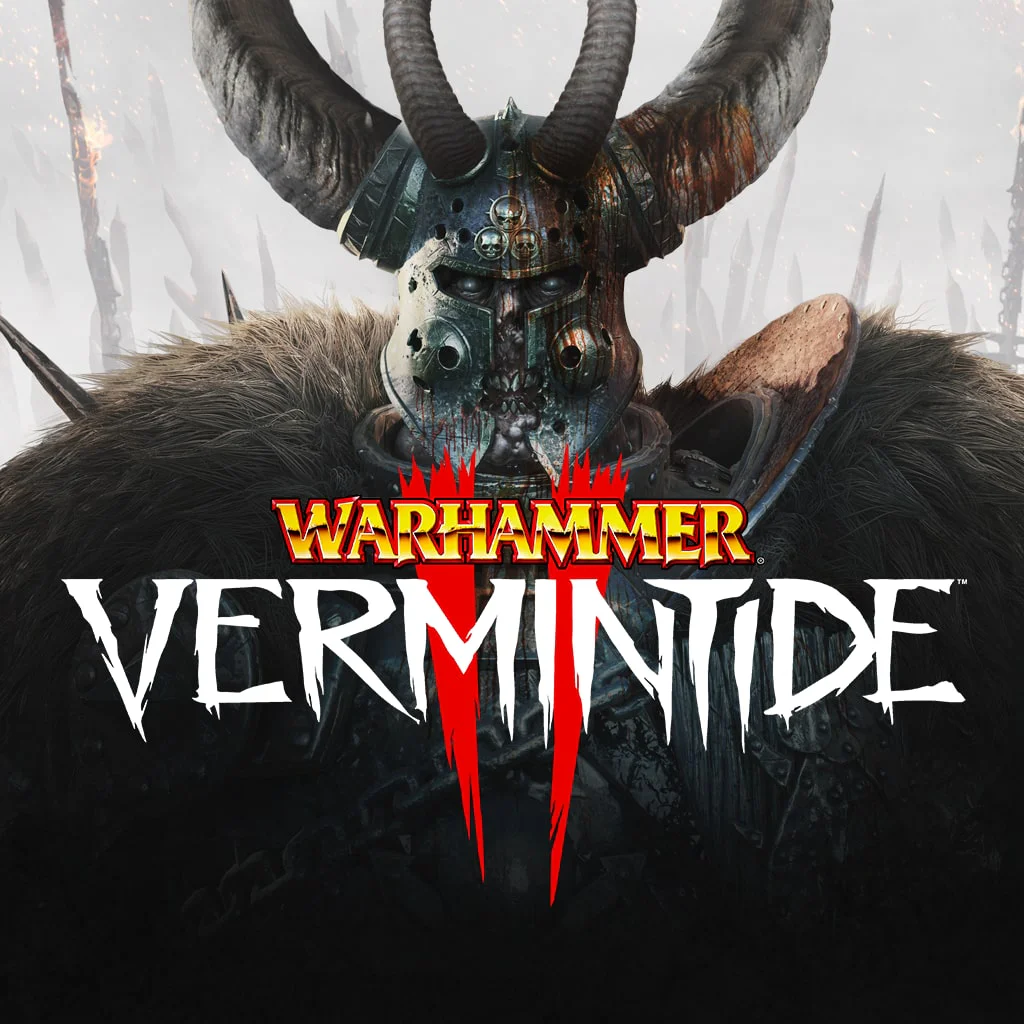 Логотип игры Warhammer: Vermintide 2 с изображением персонажа в рогатом шлеме
