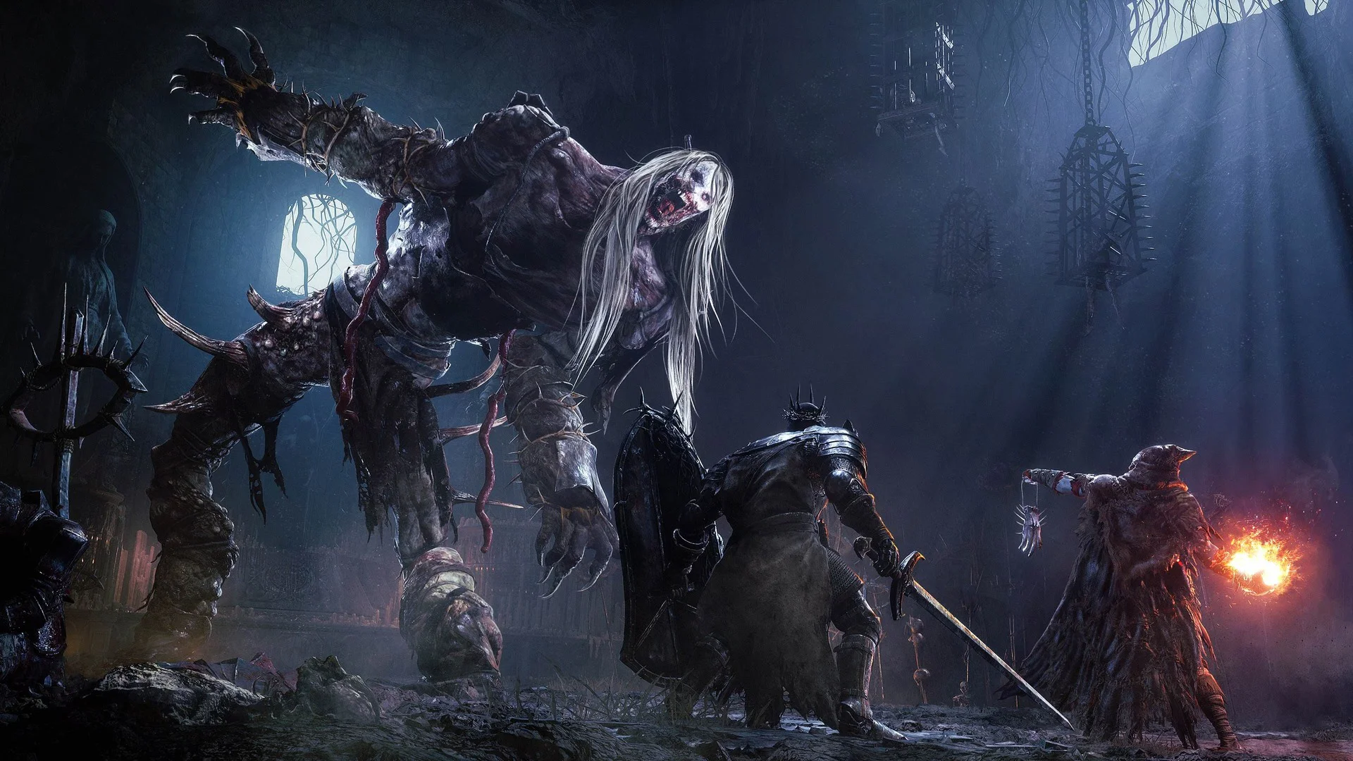 Темный рыцарь и маг сражаются с гигантским чудовищем в игре Lords of the Fallen