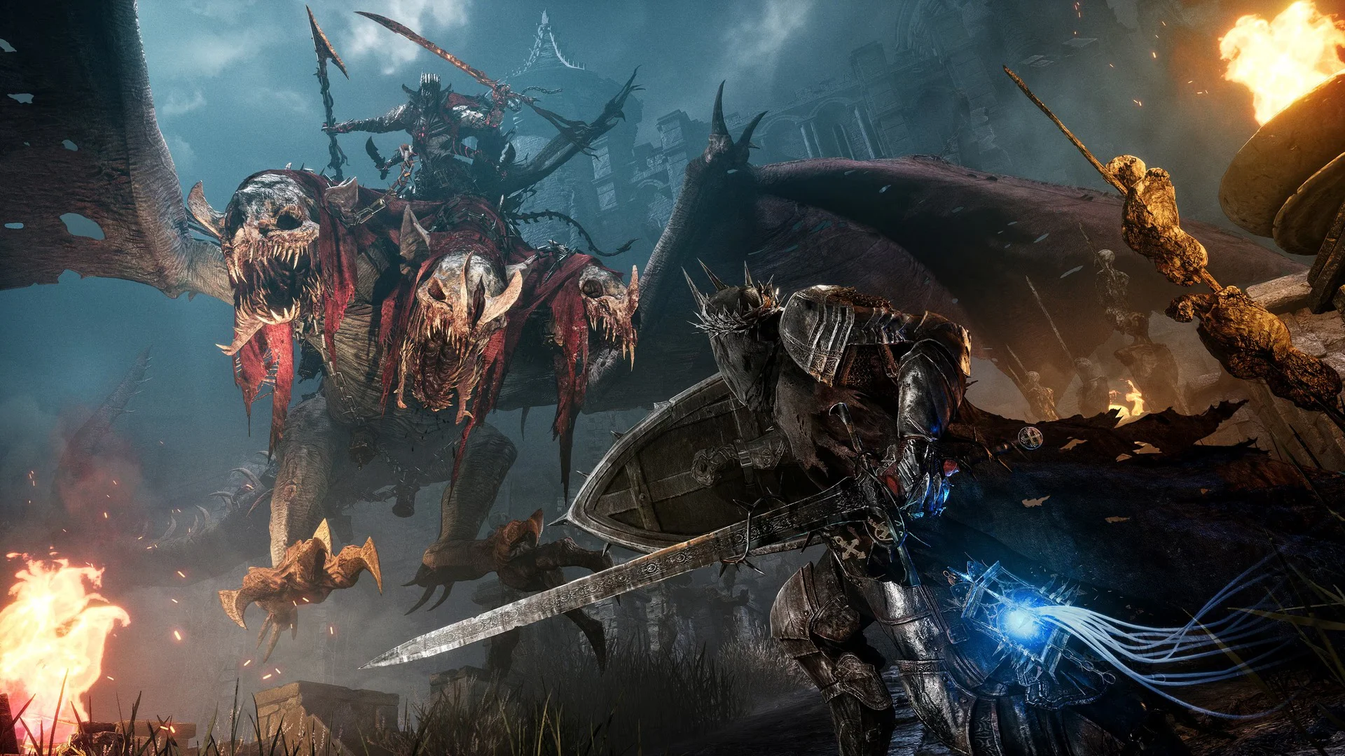 Темный рыцарь сражается с гигантским драконом в игре Lords of the Fallen