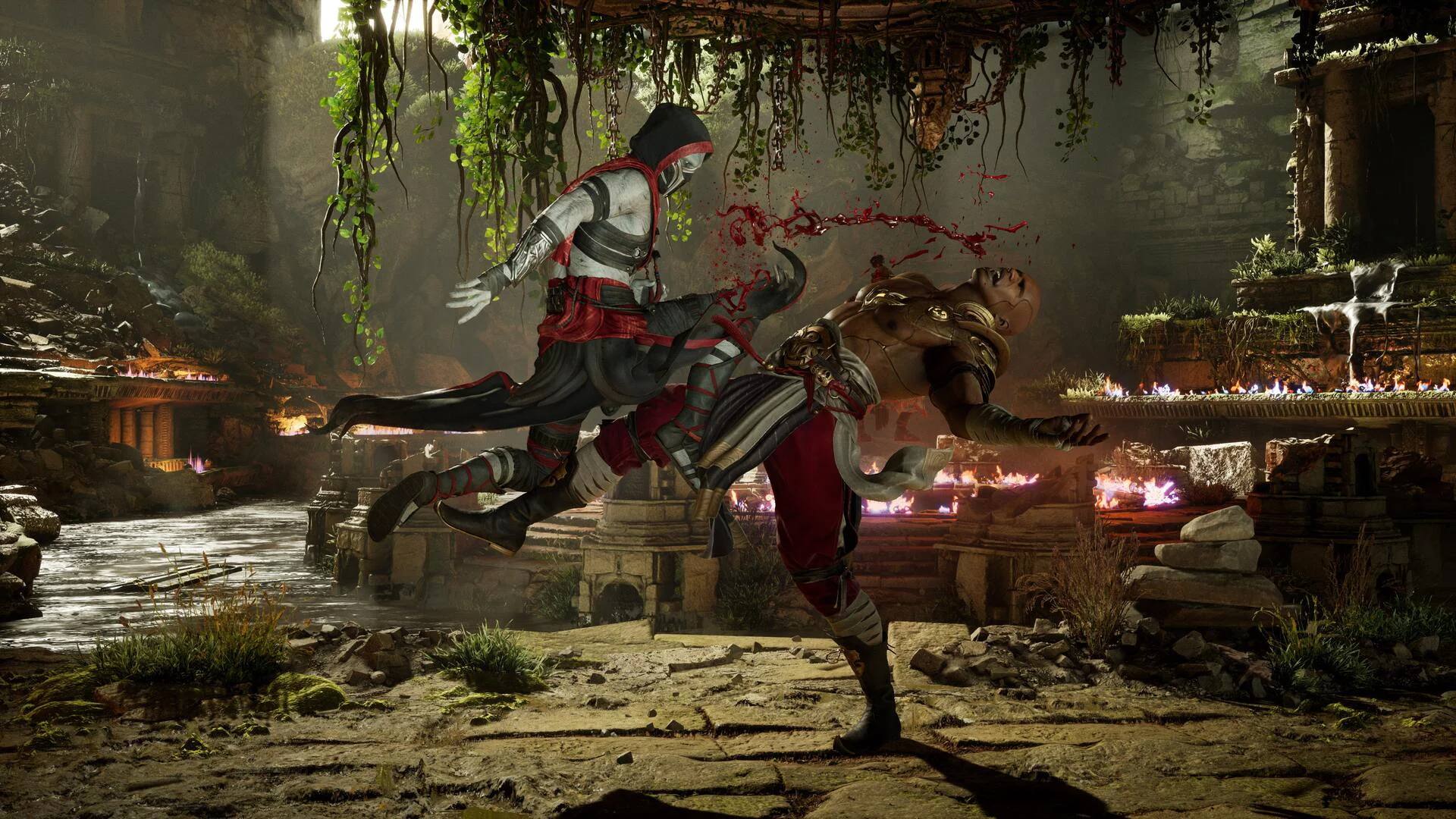 Схватка персонажей в храме в игре Mortal Kombat