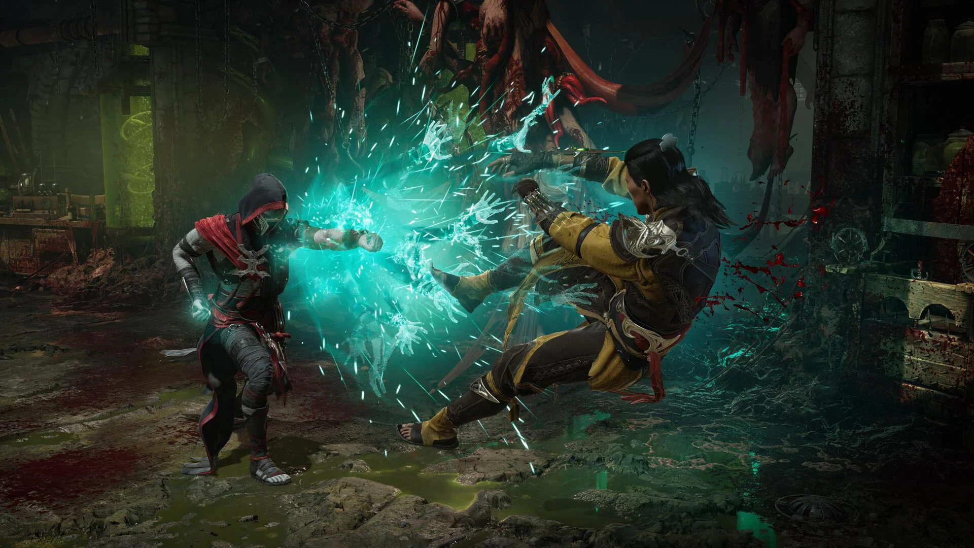 Битва персонажей с магическими атаками в игре Mortal Kombat