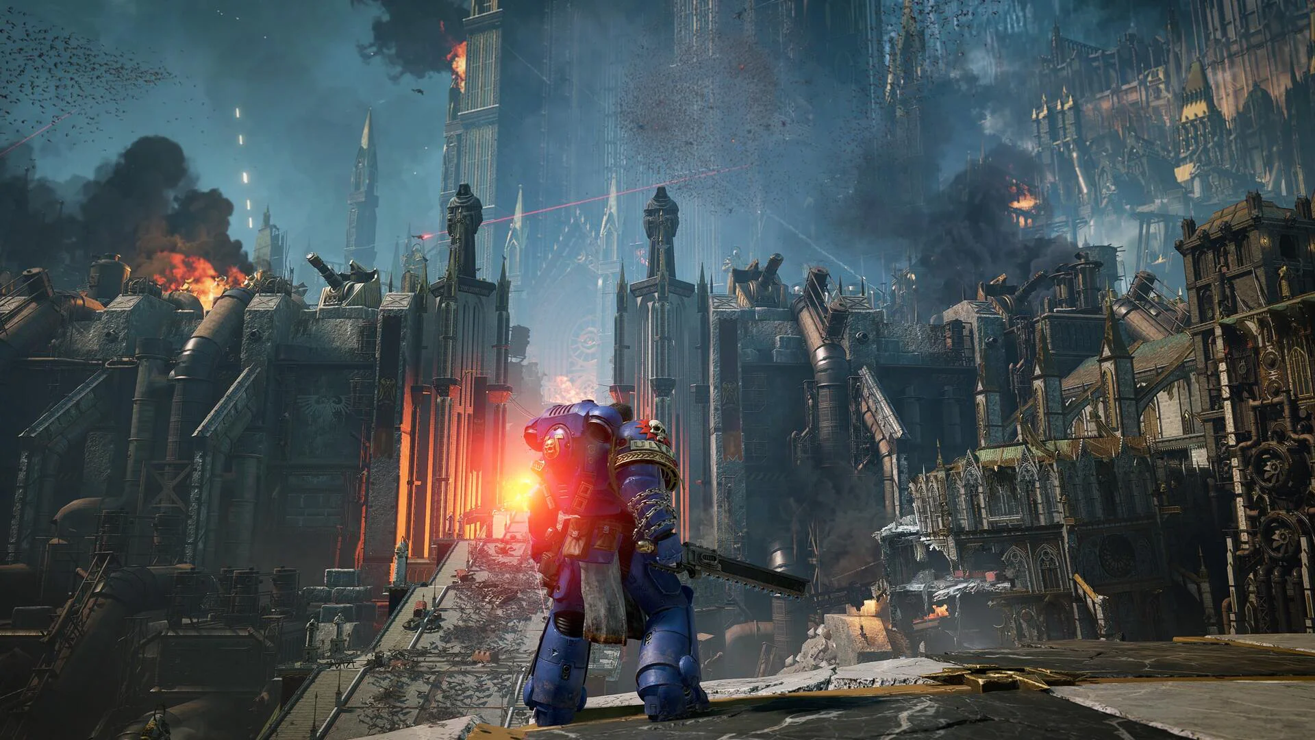 Космический десантник в разрушенном городе из Warhammer 40,000: Space Marine 2
