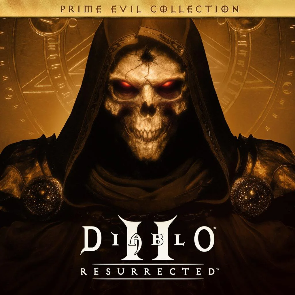 Обложка игры Diablo II Resurrected: Prime Evil Collection с изображением скелетного демона в капюшоне.