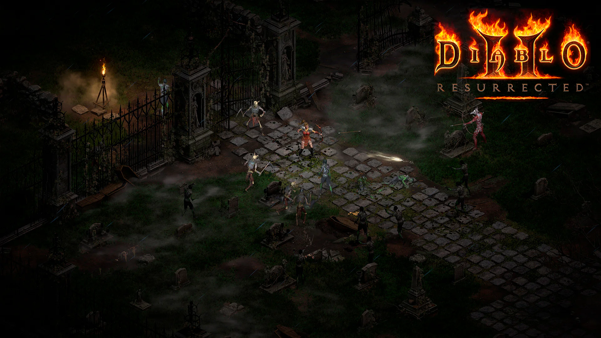 Герой в игре Diablo II Resurrected сражается с нежитью на кладбище.