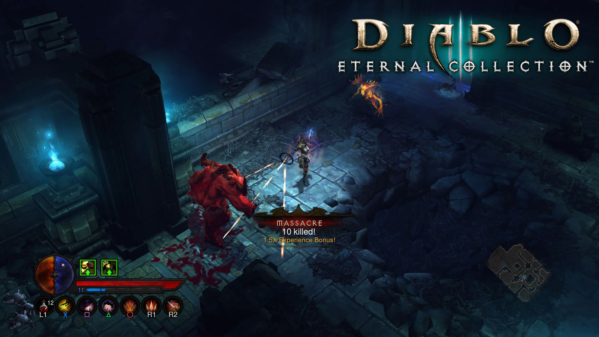 Герой в игре Diablo III Eternal Collection сражается с демоном в подземелье.