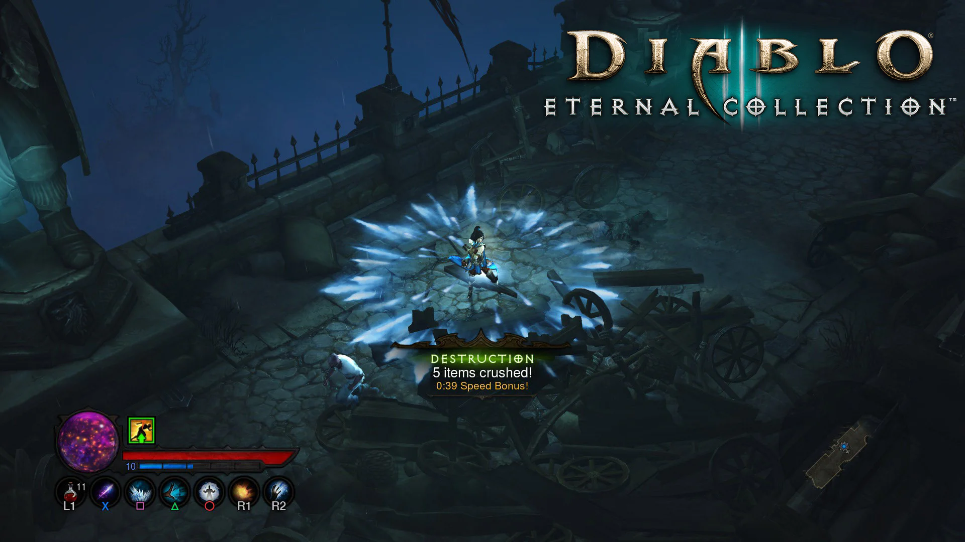 Герой в игре Diablo III Eternal Collection использует ледяную атаку в темном окружении.