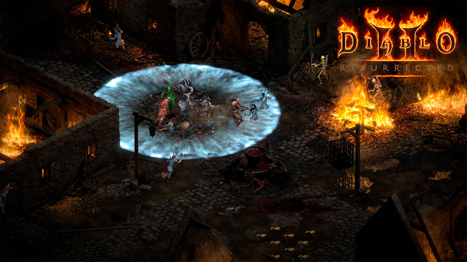 Сцена боя в игре Diablo II Resurrected, герои сражаются с нежитью на фоне горящего города.
