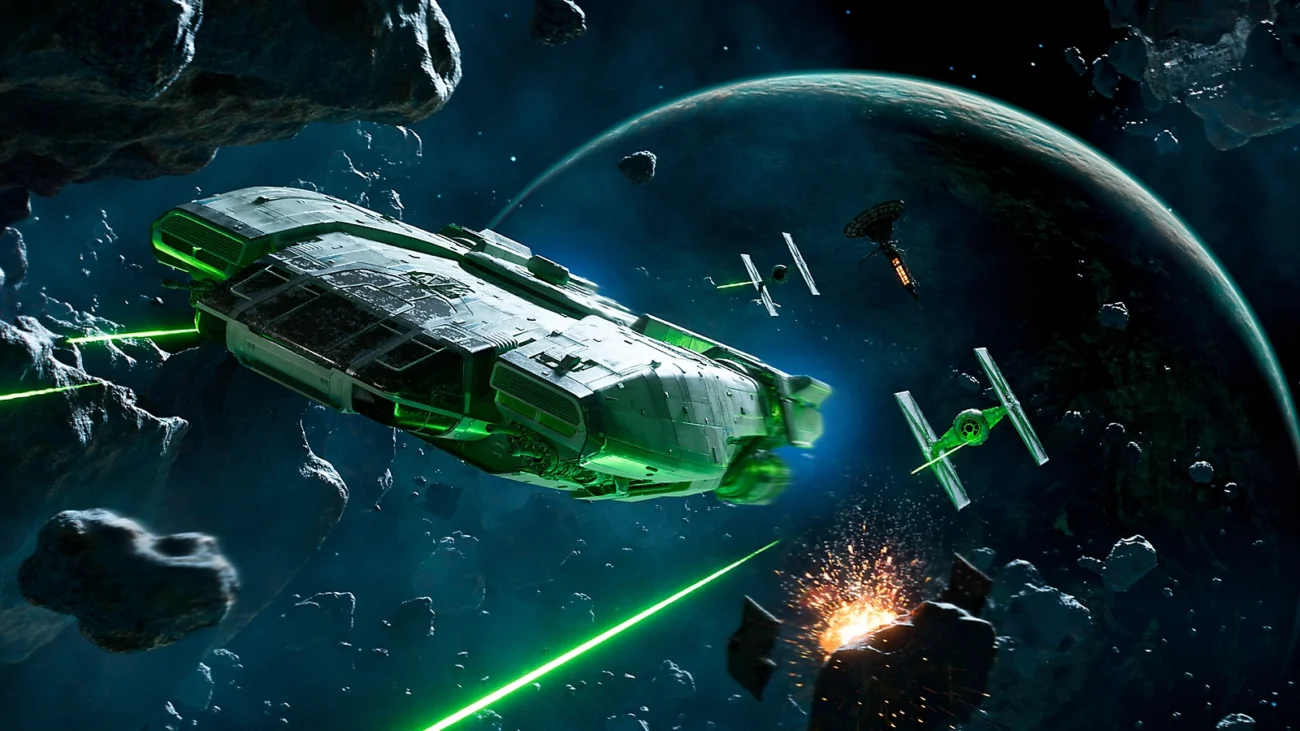 Космический истребитель ведет бой в астероидном поле в Star Wars Outlaws